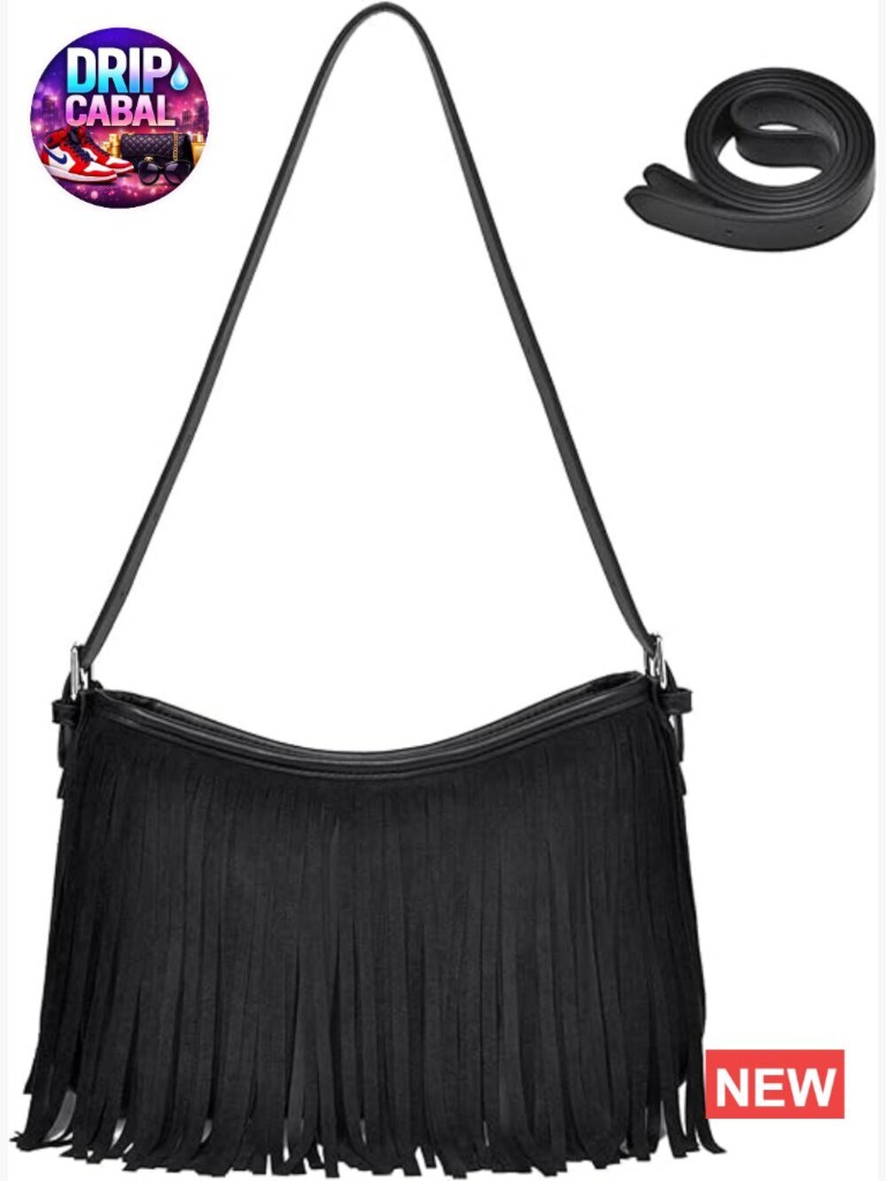 Vegan Suede Fringe Shoulder Bag with Tassel Hobo Crossbody Purse